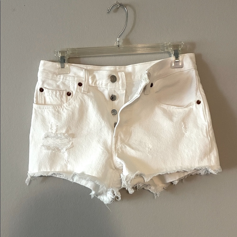 Levi's White Distressed High-Rise Button-Fly Jean Shorts